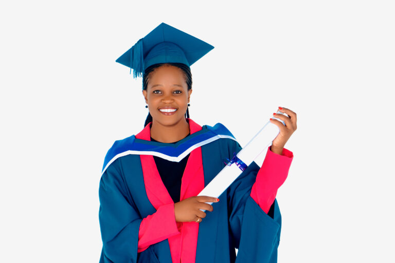 Graduate in gown holding her certificate
