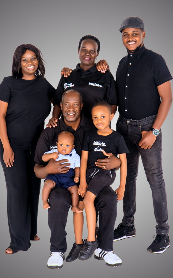 Large family portrait in matching black outfits