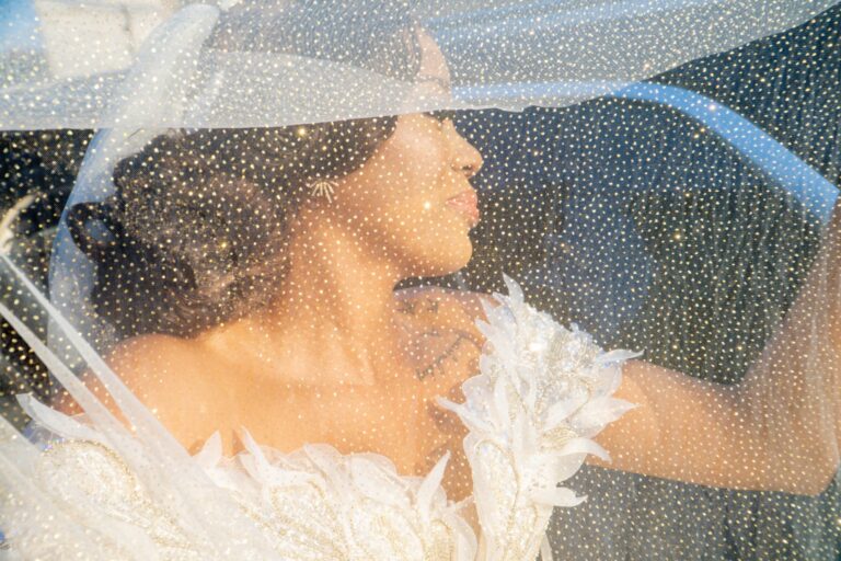 Bride in profile beneath her sparkling veil