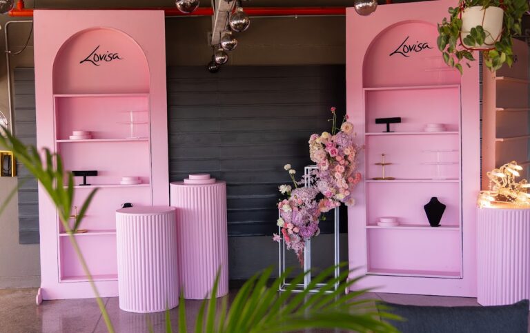 Pink Lovisa branded shelving and jewellery displays set up for the brand activation